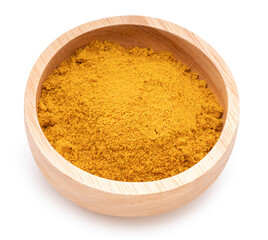 Turmeric Powder in a wooden Bowl on white background, Curry Powder isolated on white background With clipping path.
