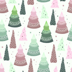 seamless christmas festive pattern background with forest pine tree and snow