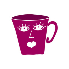 Nice cup on colors trend with face emotion. Hand drawn doodle vector illustration. Isolated element on a white background.