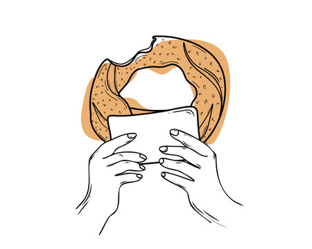 Simit traditional Turkish bagel in a bag in hand, on a white background. Hand drawn breakfast bagel in doodle style. Vector illustration