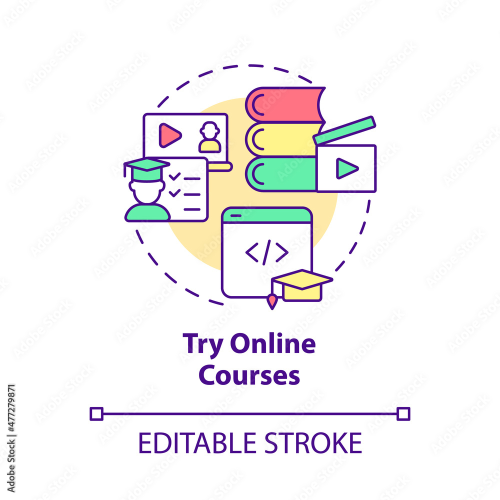 Poster try online courses concept icon. remote learning. distant class. coding abstract idea thin line illu