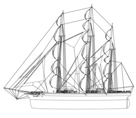 Contour of a sailing ship from black lines isolated on a white background. Side view. Vector illustration