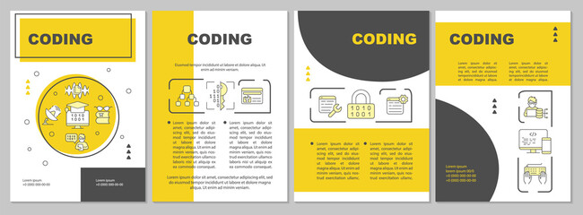 Coding yellow brochure template. Developer career. Booklet print design with linear icons. Vector layouts for presentation, annual reports, ads. Arial, Myriad Pro-Regular fonts used