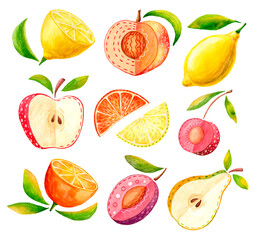 set of different cut decorative fruits watercolor
