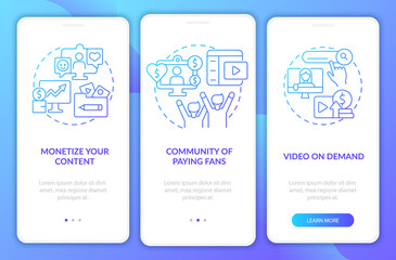 Fototapeta na wymiar How to earn money online blue gradient onboarding mobile app screen. Walkthrough 3 steps graphic instructions pages with linear concepts. UI, UX, GUI template. Myriad Pro-Bold, Regular fonts used