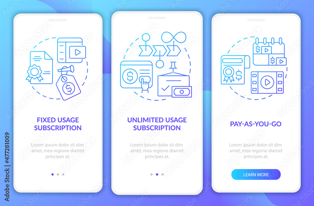 Aufkleber types of subscription blue gradient onboarding mobile app screen. walkthrough 3 steps graphic instru