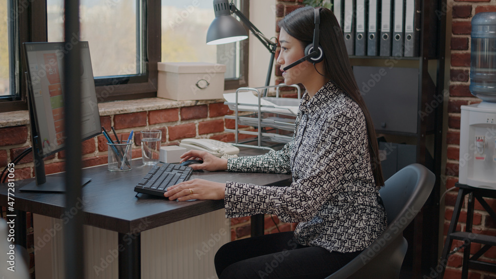 Poster call center operator talking to clients on phone call with microphone at customer service company. e