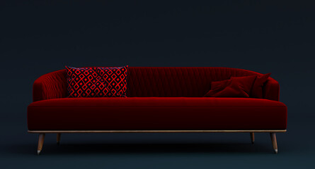 3D render of Red fabric sofa with pillows isolated on dark background.