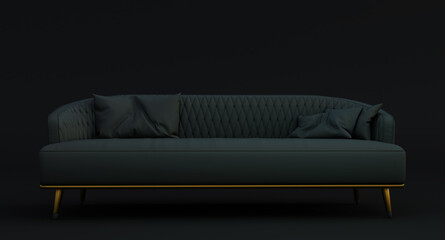 3D render of black fabric sofa with pillows isolated on dark background.