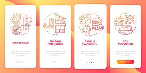 Evacuation types red gradien onboarding mobile app screen. Solution walkthrough 4 steps graphic instructions pages with linear concepts. UI, UX, GUI template. Myriad Pro-Bold, Regular fonts used