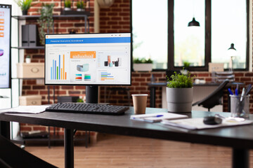 Monitor with company data statistics on charts in space. Empty business office with economy analytics following rate trend on computer to make investment for organization development.