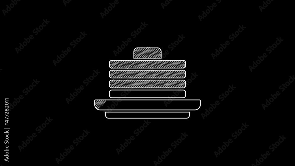 Poster white line stack of pancakes icon isolated on black background. baking with syrup and cherry. breakf