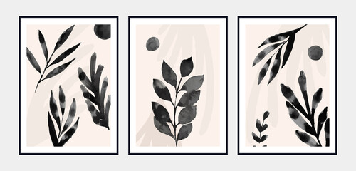 Contemporary botanical poster set. Black watercolor leaves and shapes