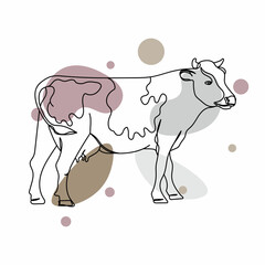 Continuous one simple single abstract line drawing of cow farm concept icon in silhouette on a white background. Linear stylized.