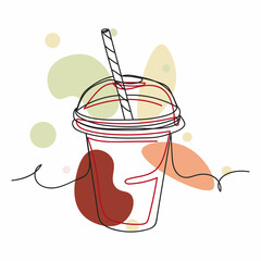 Continuous one simple single abstract line drawing of milkshake in takeaway cup icon in silhouette on a white background. Linear stylized.