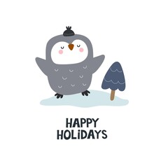 Happy holidays. Cartoon penguin, hand drawing lettering. Colorful vector illustration, flat style. design for greeting cards, print, poster