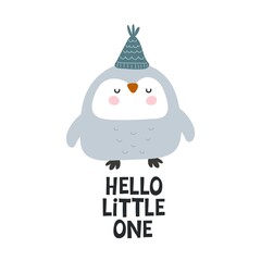 hello little one. cartoon penguin, hand drawing lettering. Colorful vector illustration, flat style. design for greeting cards, print, poster