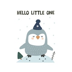 hello little one. cartoon penguin, hand drawing lettering. Colorful vector illustration, flat style. design for greeting cards, print, poster