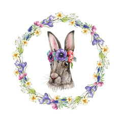 Cute bunny with spring flower wreath. Watercolor illustration. Nice bunny with spring flower wreath. White background. Rabbit with anemones and eucalyptus leaf decor. Easter bunny portrait element