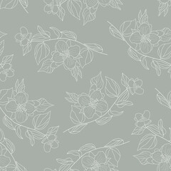 Jasmine flowers seamless pattern. Botanical delicate background in line art style. Spring flowers on a beige background. Vector illustration of a jasmine flower and branches with leaves. - obrazy, fototapety, plakaty