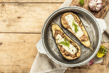Stuffed eggplant ready to eat with ground meat, vegetables, and spices