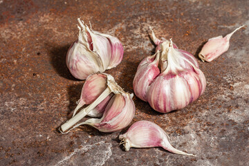 Fresh ripe garlic cloves on a rusty metal background, close up