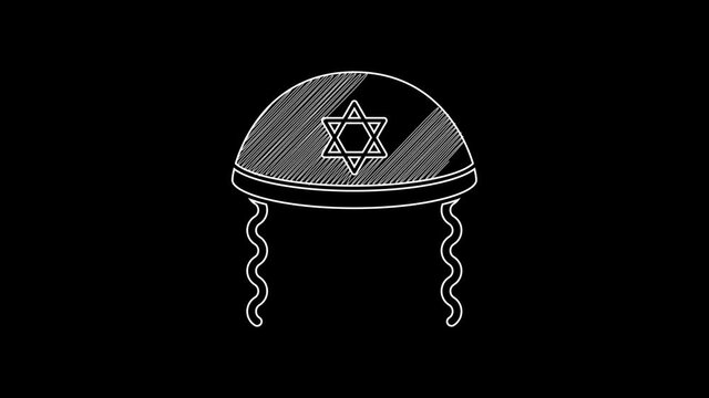 White line Jewish kippah with star of david and sidelocks icon isolated on black background. Jewish yarmulke hat. 4K Video motion graphic animation