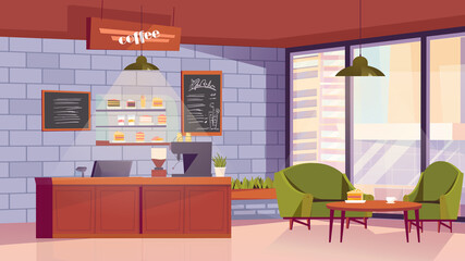 Coffee cafe interior concept in flat cartoon design. Modern room with huge window, sofa and armchair, table, counter, cafeteria menu, desserts, coffee machine and other. Vector illustration background