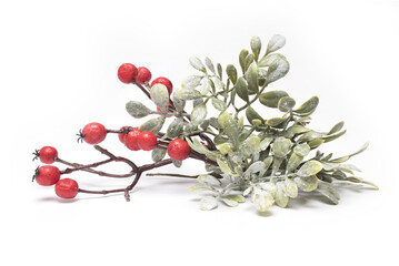 artificial mistletoe red berries leaves white background