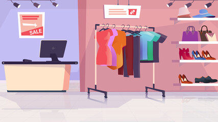 Clothing shop interior concept in flat cartoon design. Showroom of store with assortment and furniture. Clothes on hanger, shoes and accessories on shelves, counter. Vector illustration background