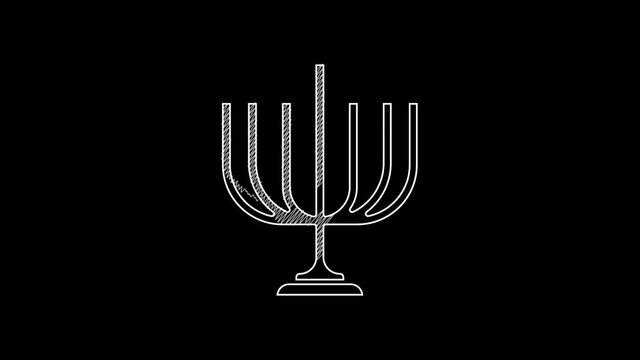 White line Hanukkah menorah icon isolated on black background. Hanukkah traditional symbol. Holiday religion, jewish festival of Lights. 4K Video motion graphic animation