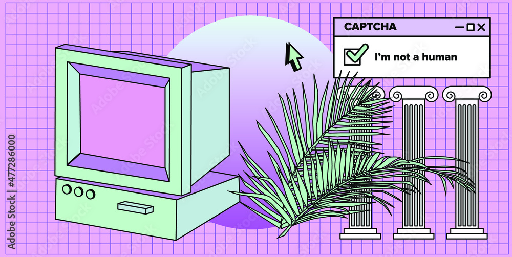 Aufkleber old retro computer with crt monitor on a grid background. vaporwave vintage style aesthetics.