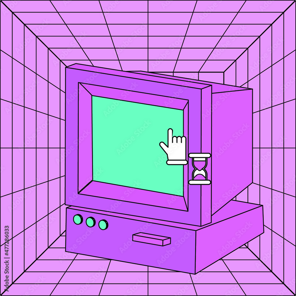 Poster old retro computer with crt monitor on a grid background. vaporwave vintage style aesthetics.