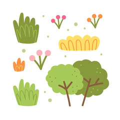 Plants, bushes, grass, flower. Vector flat design. Isolated on white background.