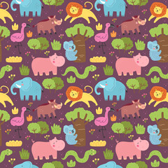Wild animals endangered species. Seamless pattern, texture, background. Elephant, lion, flamingo, snake, hippo, koala, warthog. Vector design for children. Editable background. Park, safari, zoo.