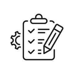Gear, Clipboard, Pencil Project Setting Checklist Line Icon. Check List and Cog Wheel Management Plan Linear Pictogram. Control Document Outline Icon. Editable Stroke. Isolated Vector Illustration