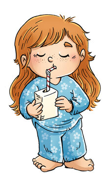 Illustration of little girl in pajamas drinking from a tetra brik