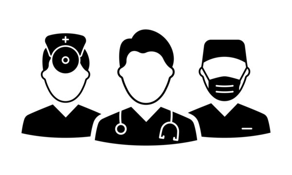 Team of Medic Professional Doctors Silhouette Icon. Male Physicians Specialist, Otolaryngologist and Surgeon Pictogram. Assistants and Nurse Black Icon. Isolated Vector Illustration