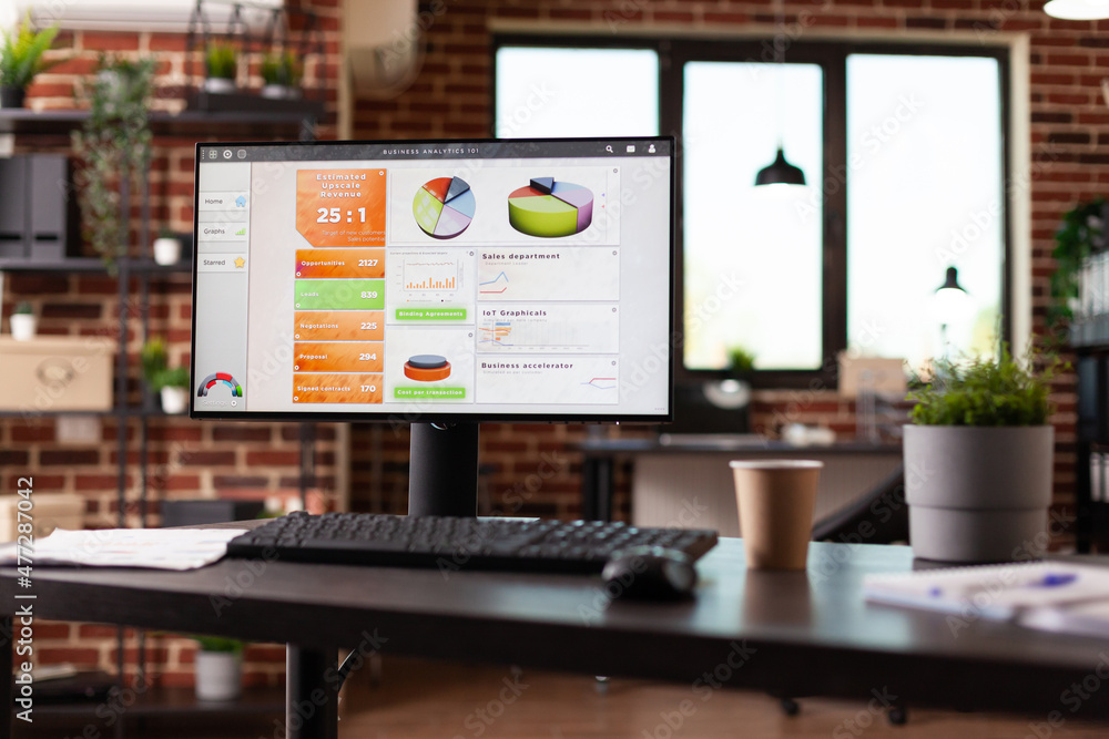 Poster computer with business charts on desk in empty workplace. monitor with financial economy graphs in s
