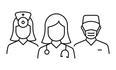 Team of Medic Professional Doctors Line Icon. Male and Female Physicians Specialist, Otolaryngologist and Surgeon Linear Pictogram. Assistants and Nurse Outline Icon. Isolated Vector Illustration