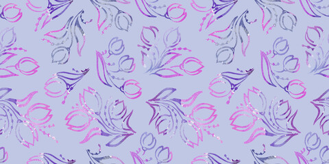 Spring Watercolor Floral Seamless Patterns with packaging and scrapbooking. colorful tulip violet and purple branch and Flower on gray Background