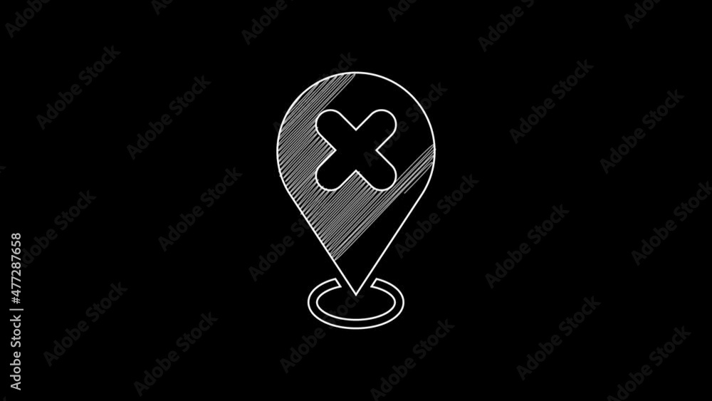 Poster white line map pin with cross mark icon isolated on black background. navigation, pointer, location,