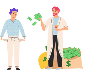 Rich and poor people cartoon men without money. Vector unemployed guy with empty pockets and successful businessman millionaire with bag of money. Richness and poverty concept. Social distance