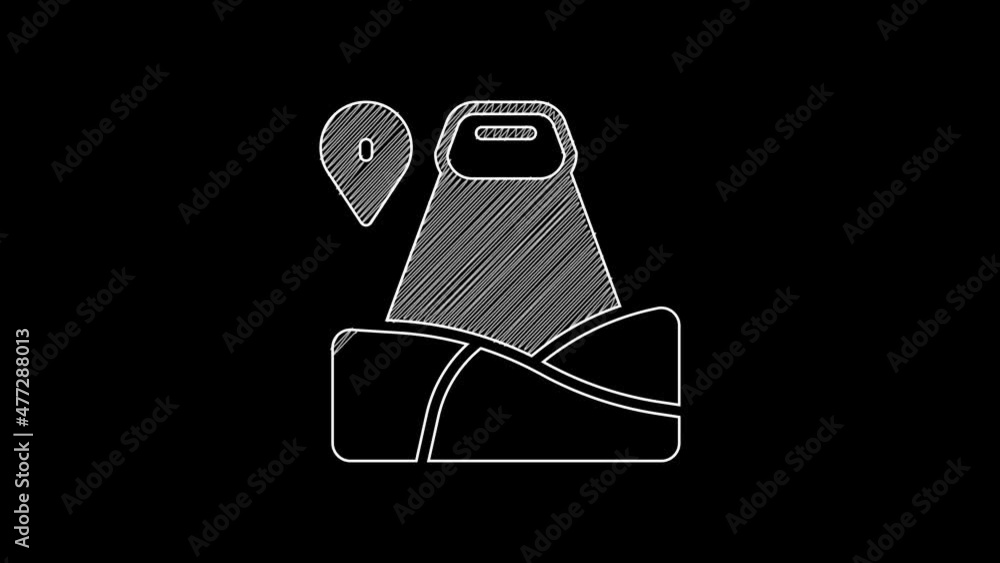 Poster white line map pointer with mountain icon isolated on black background. mountains travel icon. 4k vi