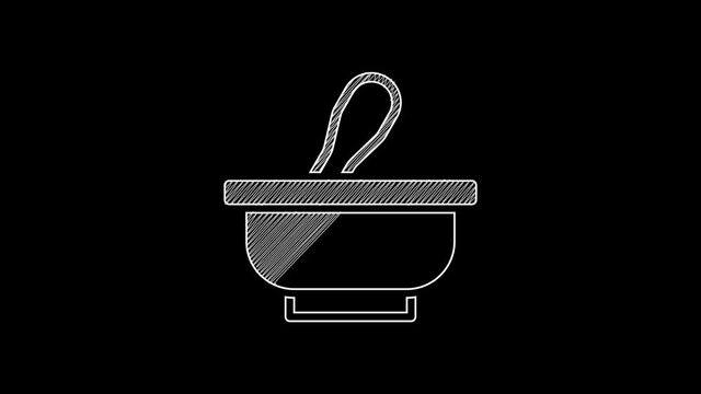 White line Mortar and pestle icon isolated on black background. 4K Video motion graphic animation