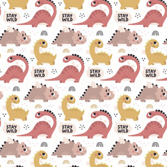 Cute Dino vector seamless pattern with Dinosaurs, plants, leaves, bushes, stones in trendy boho colors