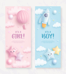 Fototapeta Set of baby shower vertical banner with cartoon rocket and hot air balloon on blue and pink background. It's a boy. It's a girl. Vector illustration obraz