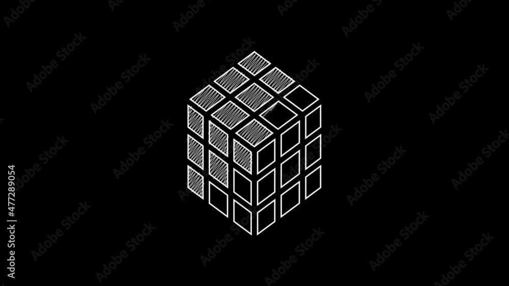 Poster white line rubik cube icon isolated on black background. mechanical puzzle toy. rubik's cube 3d comb