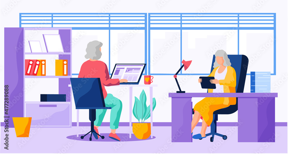 Poster old person learns new technologies, work and communicate through gadget. woman holds phone and surfs