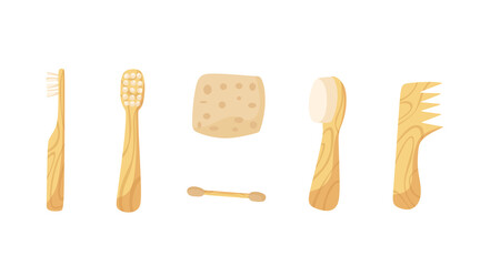 Zero waste concept. Lifestyle, environmentally friendly wooden care items: hairbrush, brush, toothbrush. Vector illustration in cartoon style.